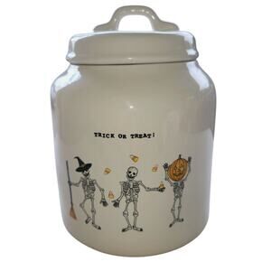 Rae Dunn 8" Halloween‎ Trick Or Treat Cookie Canister Dancing Skeletons New